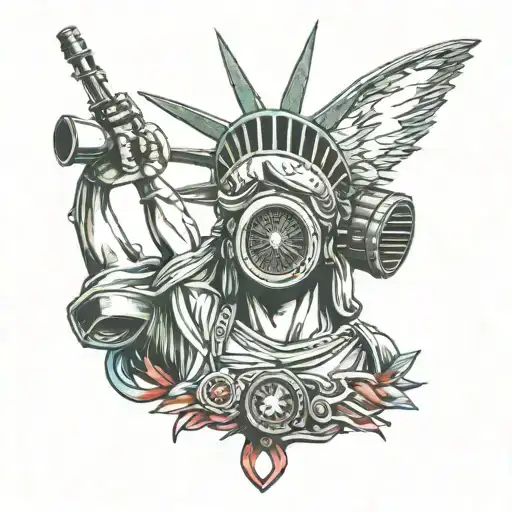 statue of Liberty holding a claymore mine and a rifle wearing a gas mask. lots of color tattoo design idea