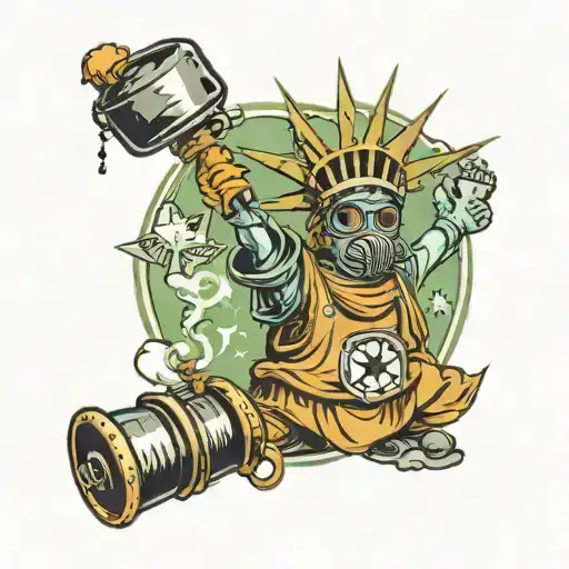 statue of Liberty holding a claymore mine wearing a gas mask tattoo design idea