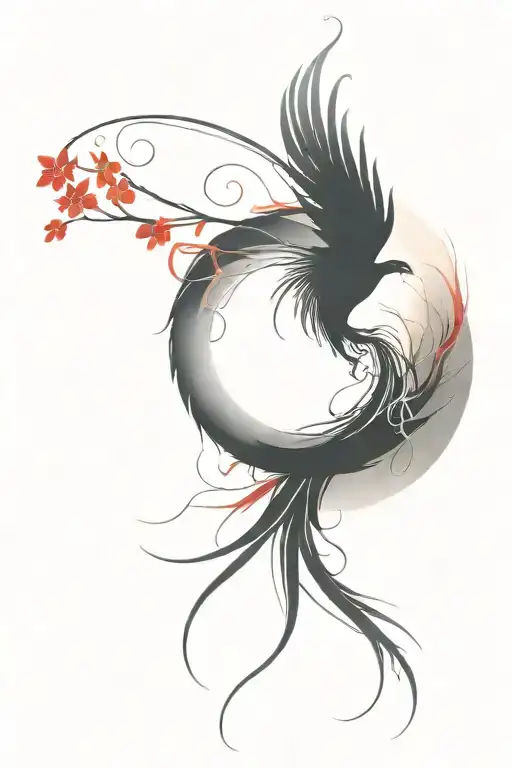 a phoenix spine tattoo in black and red ink. the tattoo also includes red spider lilies, a moon, lines and circles. tattoo design idea