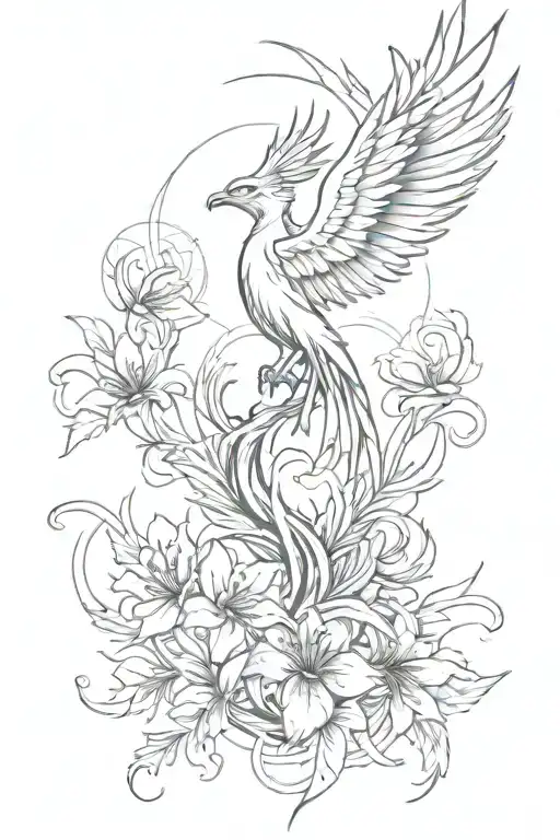 a phoenix spine tattoo in black and red ink. the tattoo also includes red spider lilies, a moon, lines and circles. tattoo design idea