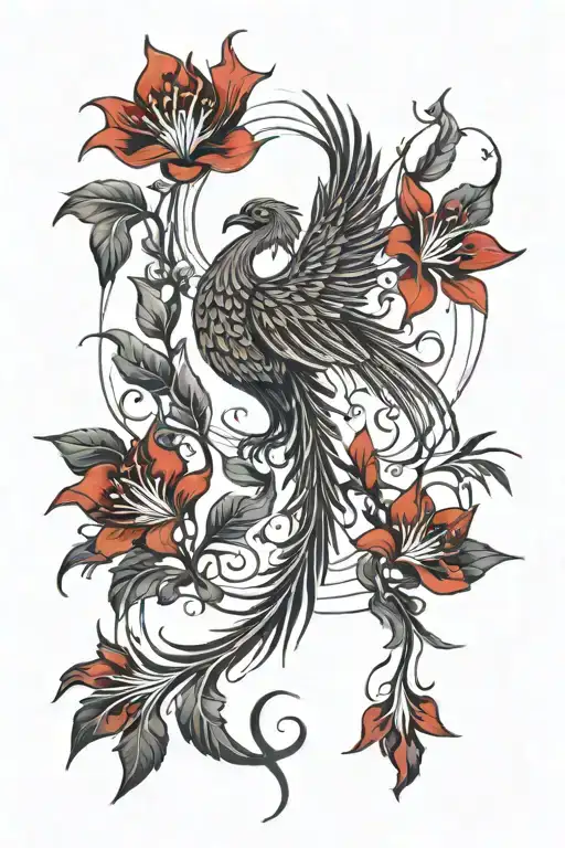 a phoenix spine tattoo in black and red ink. the tattoo also includes red spider lilies, a moon, lines and circles. tattoo design idea