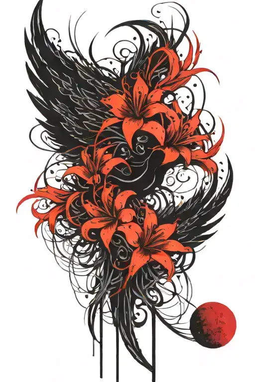 a phoenix spine tattoo in black and red ink. the tattoo also includes red spider lilies, a moon, lines and circles. tattoo design idea