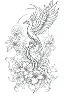 a phoenix spine tattoo in black and red ink. the tattoo also includes red spider lilies, a moon, lines and circles. tattoo design idea
