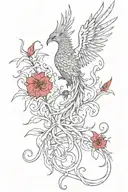 a phoenix spine tattoo in black and red ink. the tattoo also includes red spider lilies, a moon, lines and circles. tattoo design idea