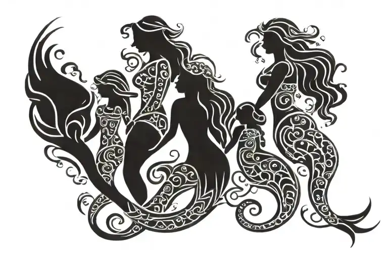mom dad sister mermaids holding hands tattoo design idea