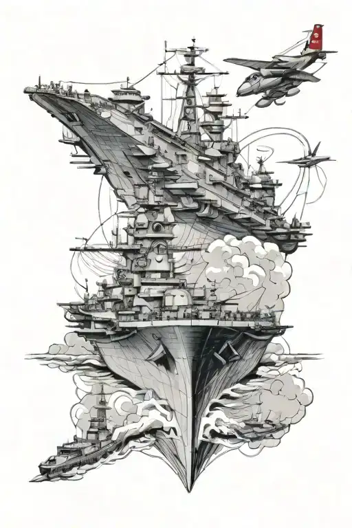 Create a vibrant photo realistic picture stencil of a Navy tattoo. I would like an aircraft carrier to be featured, with tattoo design idea