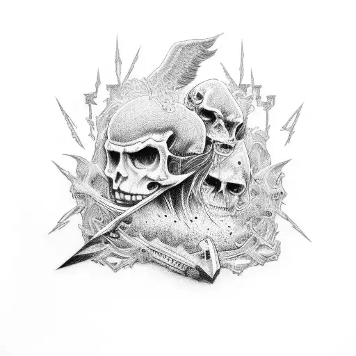 Rock music themed graveyard with lightning accents tattoo design idea