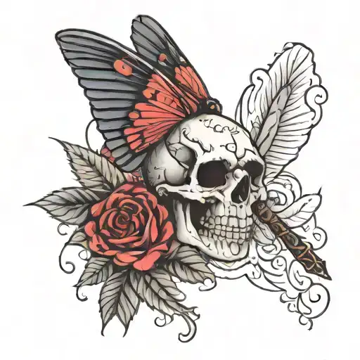 skull cardinal dragonfly rose tattoo design idea