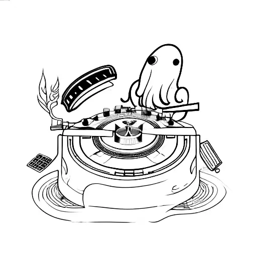 A humorous tattoo of a mischievous ghost DJ mixing music on turntables tattoo design idea