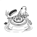 A humorous tattoo of a mischievous ghost DJ mixing music on turntables tattoo design idea