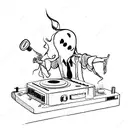 A humorous tattoo of a mischievous ghost DJ mixing music on turntables tattoo design idea