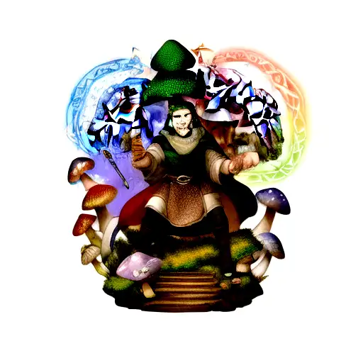 20 Sided dice, fantasy, half-sleeve, mushroom, Lord of the Rings, Dungeons and Dragons tattoo design idea