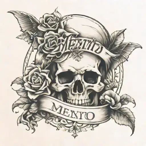 memento mori tattoo skull with banner, flowers and hourglass tucked behind skull tattoo design idea
