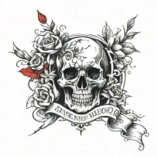 memento mori tattoo skull with banner, flowers and hourglass tucked behind skull tattoo design idea