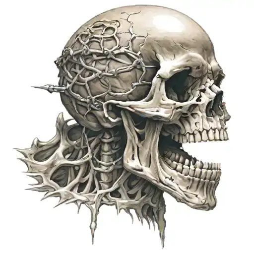 skull with hand reaching up to throat holding  tattoo design idea