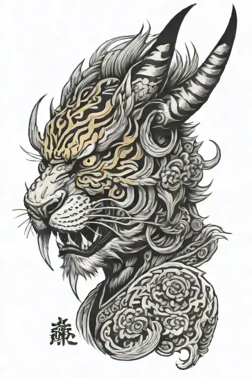 Liger's head wearing Oni mask side view surrounded by japanese clouad  tattoo design idea