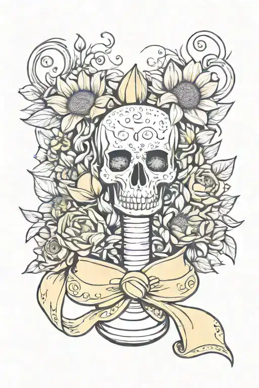 uterus vase filled with sunflowers and tulips with a yellow ribbon tattoo design idea