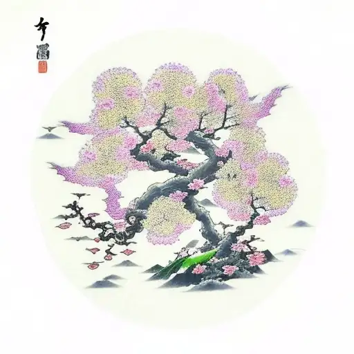 cherry tree with flowers flying with the wind,  and a dragon tattoo design idea