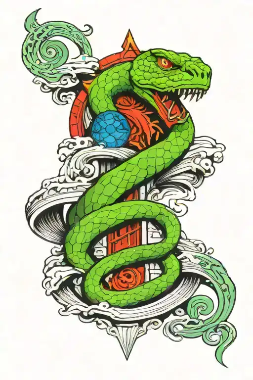 green snake "Slytherin", "closed society", blue stairs to the gates of heaven and red stairs to the gates of hell, all-seeing eye tattoo design idea
