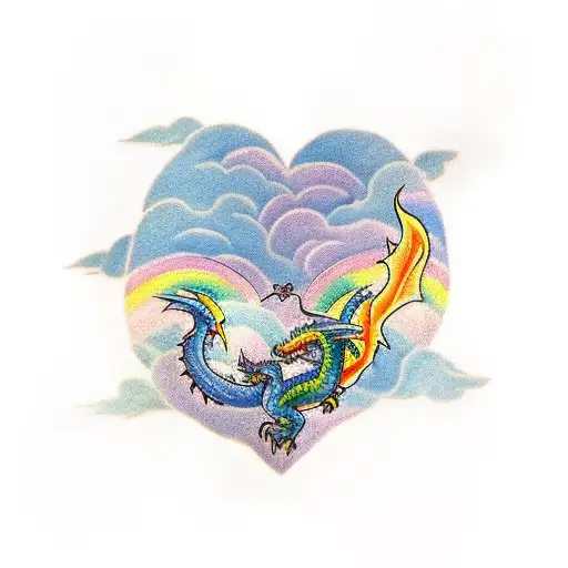 two dragons flying around a mountain with clouds, breathing rainbow fire in a heart shape tattoo design idea