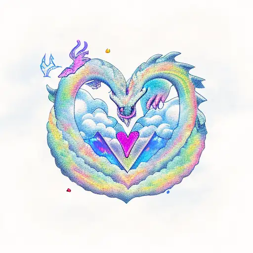 two dragons flying around a mountain with clouds, breathing rainbow fire in a heart shape tattoo design idea