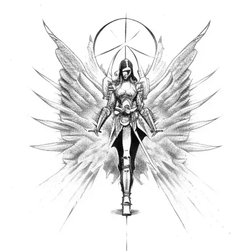 angel warrior fighting demon tattoo design idea