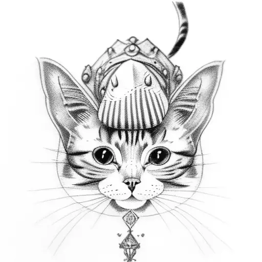 A vintage-inspired tattoo of a cat wearing a lace collar and sitting on a stack of fantasy books tattoo design idea