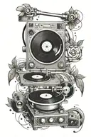 A tattoo design featuring a turntable with vinyl records spinning, surrounded by symbols of strength and positivity, representing the client's dual passions for music and self-improvement tattoo design idea
