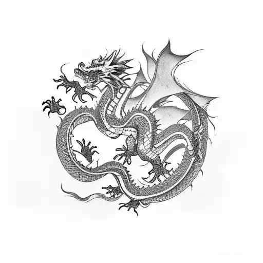 Chinese Dragon fighting lion in front of holly bush tattoo design idea
