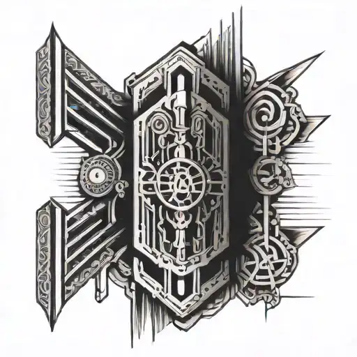symmetric circuit terminators with stipling and crosshatching forming a band with straight lines above and below tattoo design idea