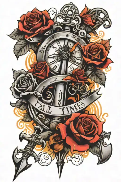 A vibrant tattoo design featuring a dagger, rose, anchor, clock with 1437, and the quote "Fall down 7 times, stand up 8" tattoo design idea