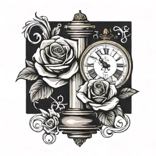  vintage pocket watch or hour glass , two larger roses, six smaller roses tattoo design idea