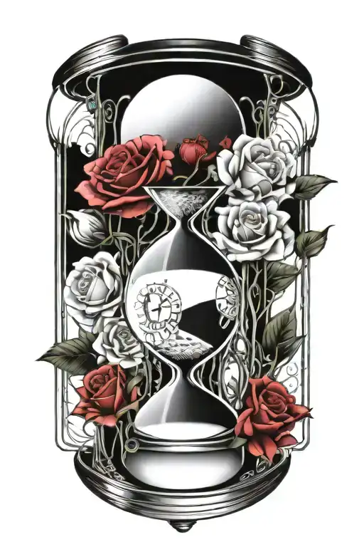 Hour glass with clock and roses blooming tattoo design idea
