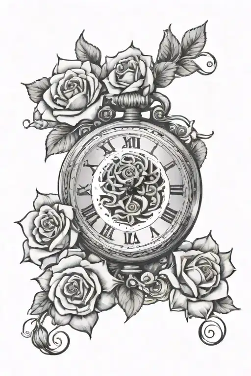  vintage pocket watch or hour glass , two larger roses, six smaller roses tattoo design idea