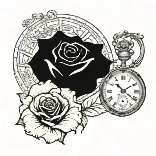  vintage pocket watch or hour glass , two larger roses, six smaller roses tattoo design idea