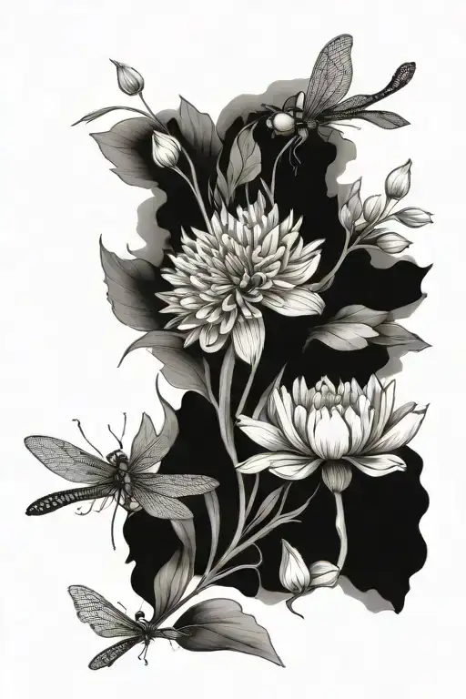 dragonfly tulip marigold chrysanthemum flower tattoo design idea