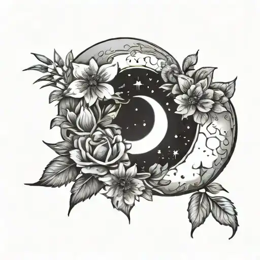 waxing crescent moon with birth flowers and stars tattoo design idea