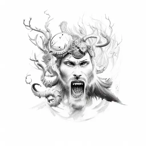 A sketch-style warrior surrounded by a swirling stormy sky and wild animals tattoo design idea