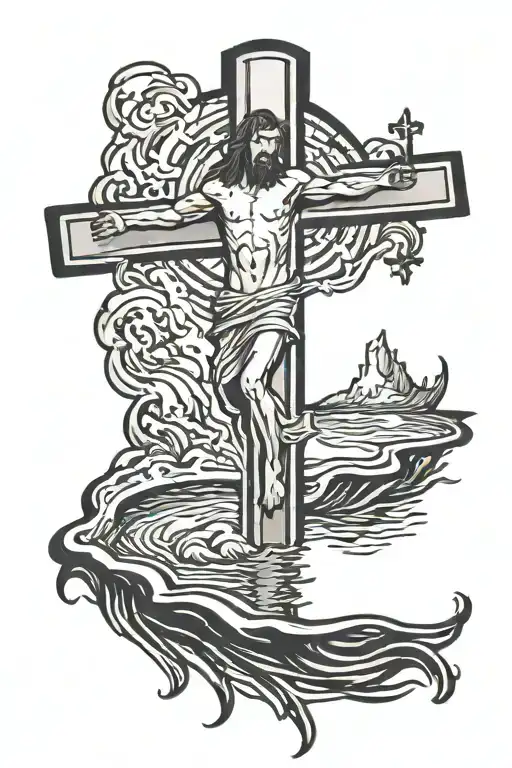 large cross designed in negative space, Jesus walking on water, Peter in water partially submerged  tattoo design idea