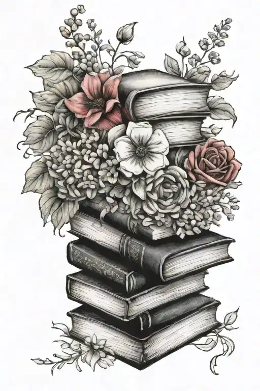 book stack with flowers surrounding tattoo design idea