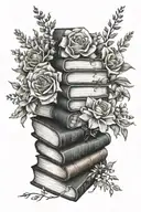 book stack with flowers surrounding tattoo design idea