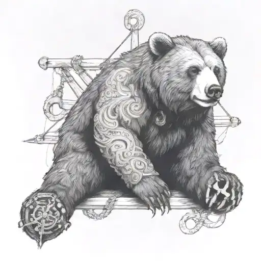  A bear laying in the position of the sloth deadly sin, chained down by an anchor on its leg. Representing the sloth sin tattoo design idea