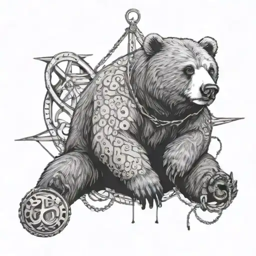  A bear laying in the position of the sloth deadly sin, chained down by an anchor on its leg. Representing the sloth sin tattoo design idea