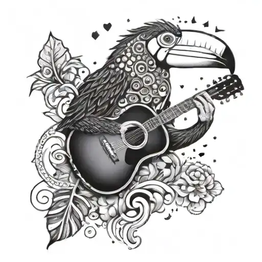 A psychedelic scene featuring a guitar morphing into a toucan, with a bear meditating in the background and philosophical symbols floating around tattoo design idea