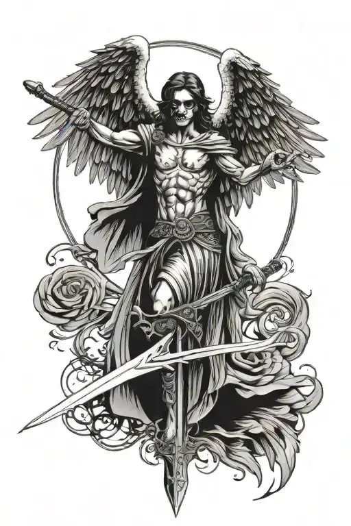 angel of death holding sword with raven wings unfurled tattoo design idea