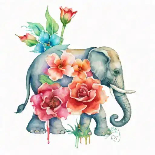 elephant with flower and a piece of domino tattoo design idea