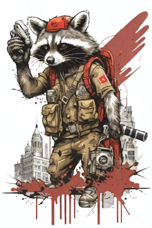 A raccoon with a grenade in his hands against the background of a destroyed city over which a plane flies tattoo design idea