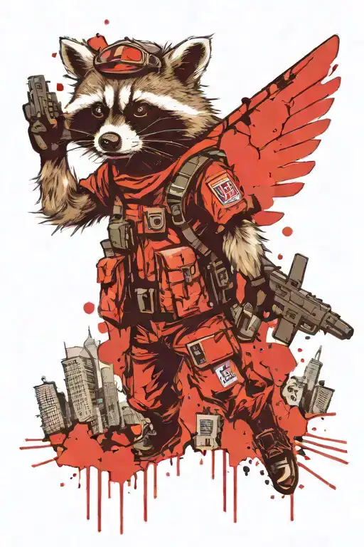 A raccoon with a grenade in his hands against the background of a destroyed city over which a plane flies tattoo design idea