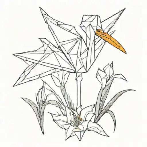 An origami crane transforming into an iris flower tattoo design idea