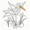 An origami crane transforming into an iris flower tattoo design idea